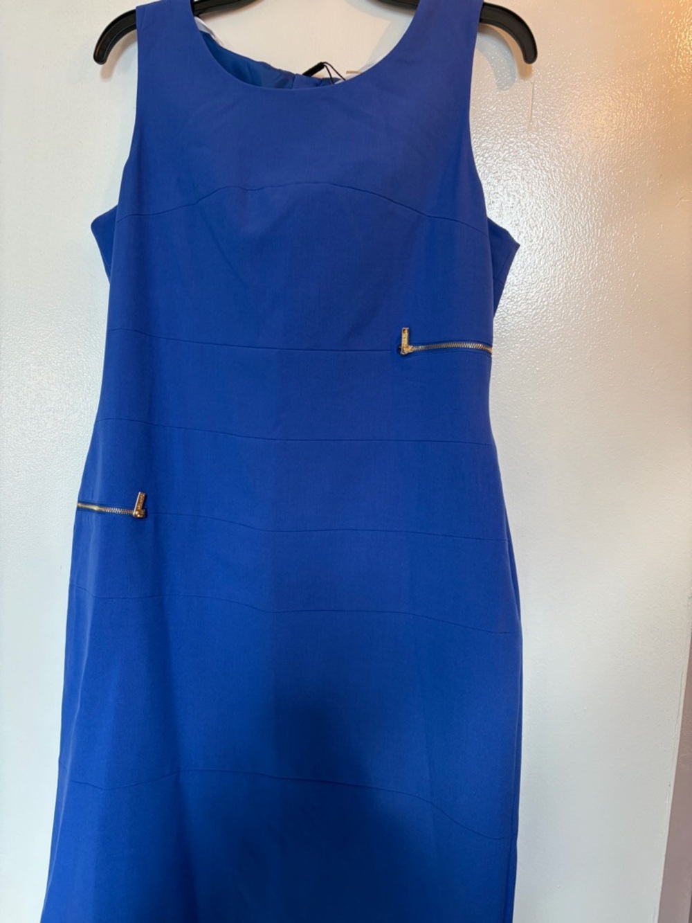 Calvin Klein Royal Blue Sleeveless Sheath Dress with Gold Zipper Accents